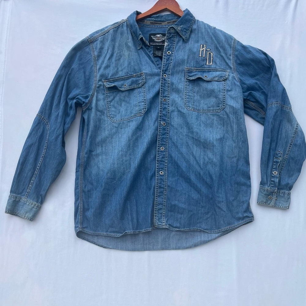Harley‎ Davidson Denim Snap Shirt XL Embroidered Logo Biker Western Distressed - Picture 3 of 12